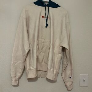 Vintage Champion Hoodie White and Blue Large